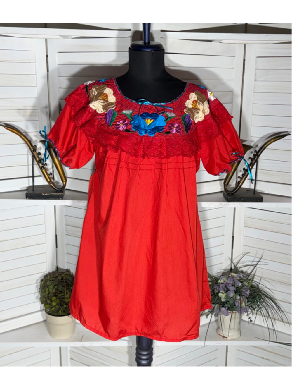Vintage Mexican mini dress retro 70s boho hippie embroidered festival cottage M